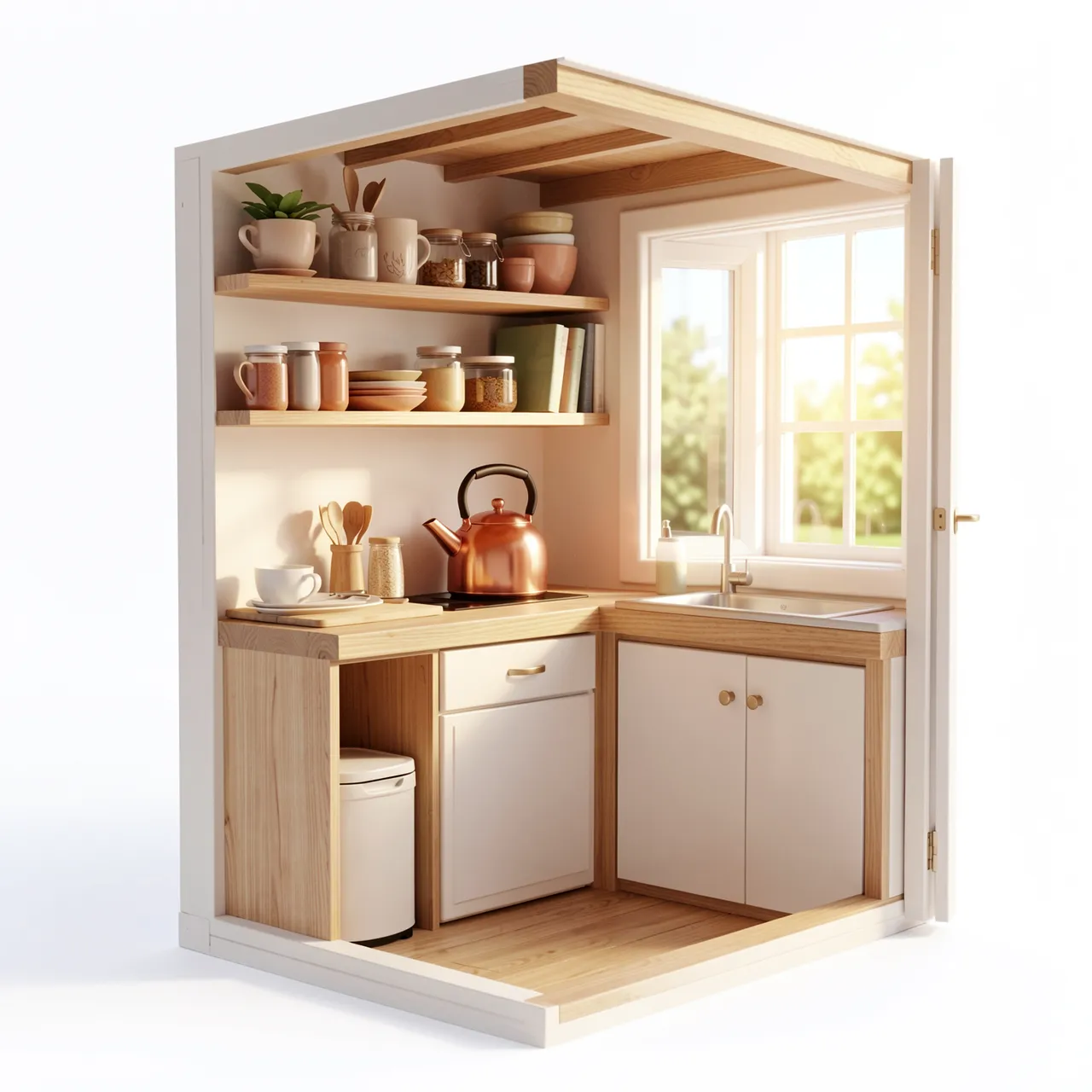 Sunlit 3D render of a compact cutaway miniature kitchen with open shelves and a copper kettle