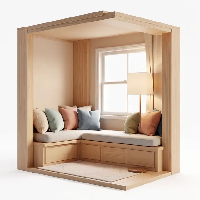 3D render of a miniature cutaway reading nook with window seat, cushions and floor lamp on a plain white background