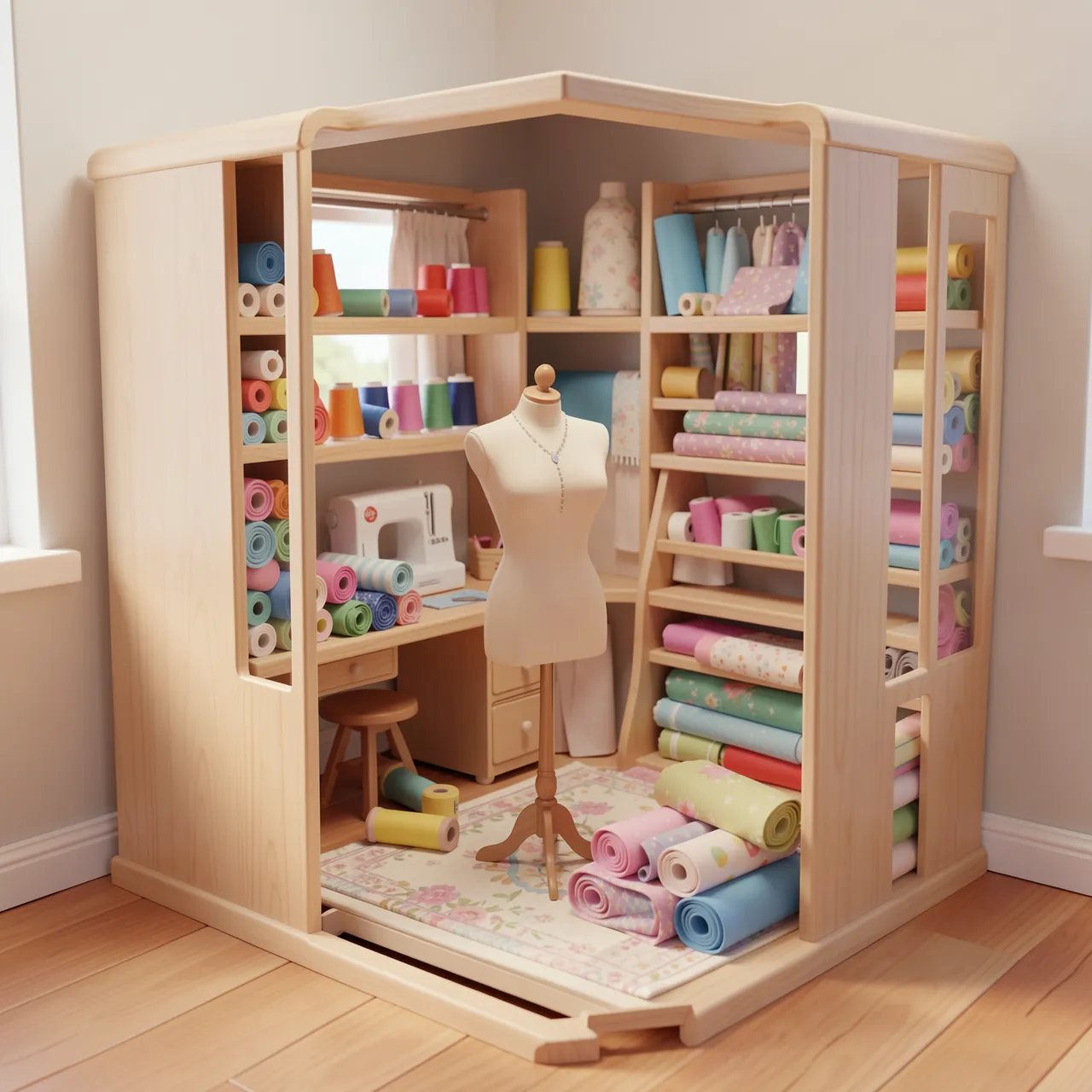 Cute 3D rendered miniature cutaway sewing room with a dress form, fabric rolls, and a small sewing machine