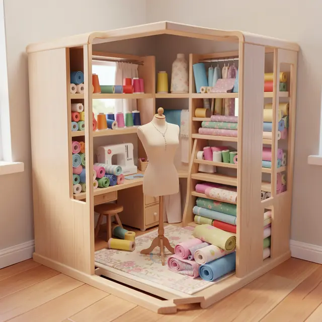 Cute 3D rendered miniature cutaway sewing room with a dress form, fabric rolls, and a small sewing machine