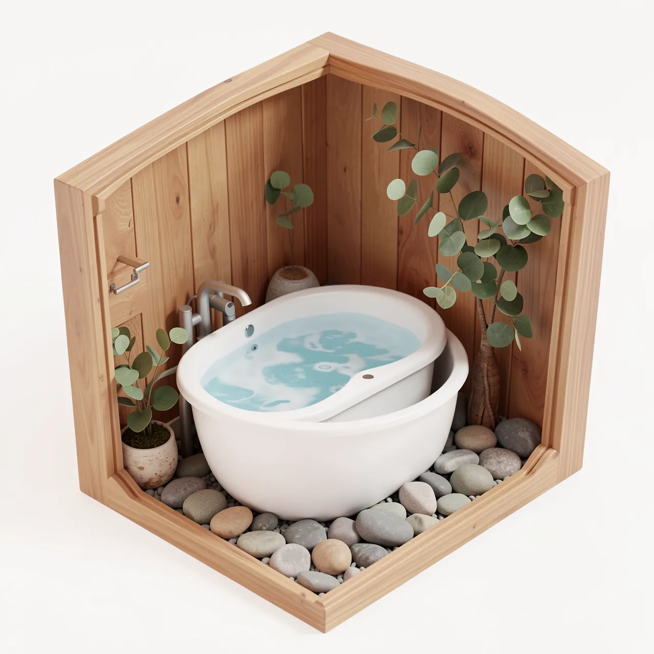 Miniature 3D cutaway wooden spa nook holds a soaking tub, smooth stones and eucalyptus plants against a plain white