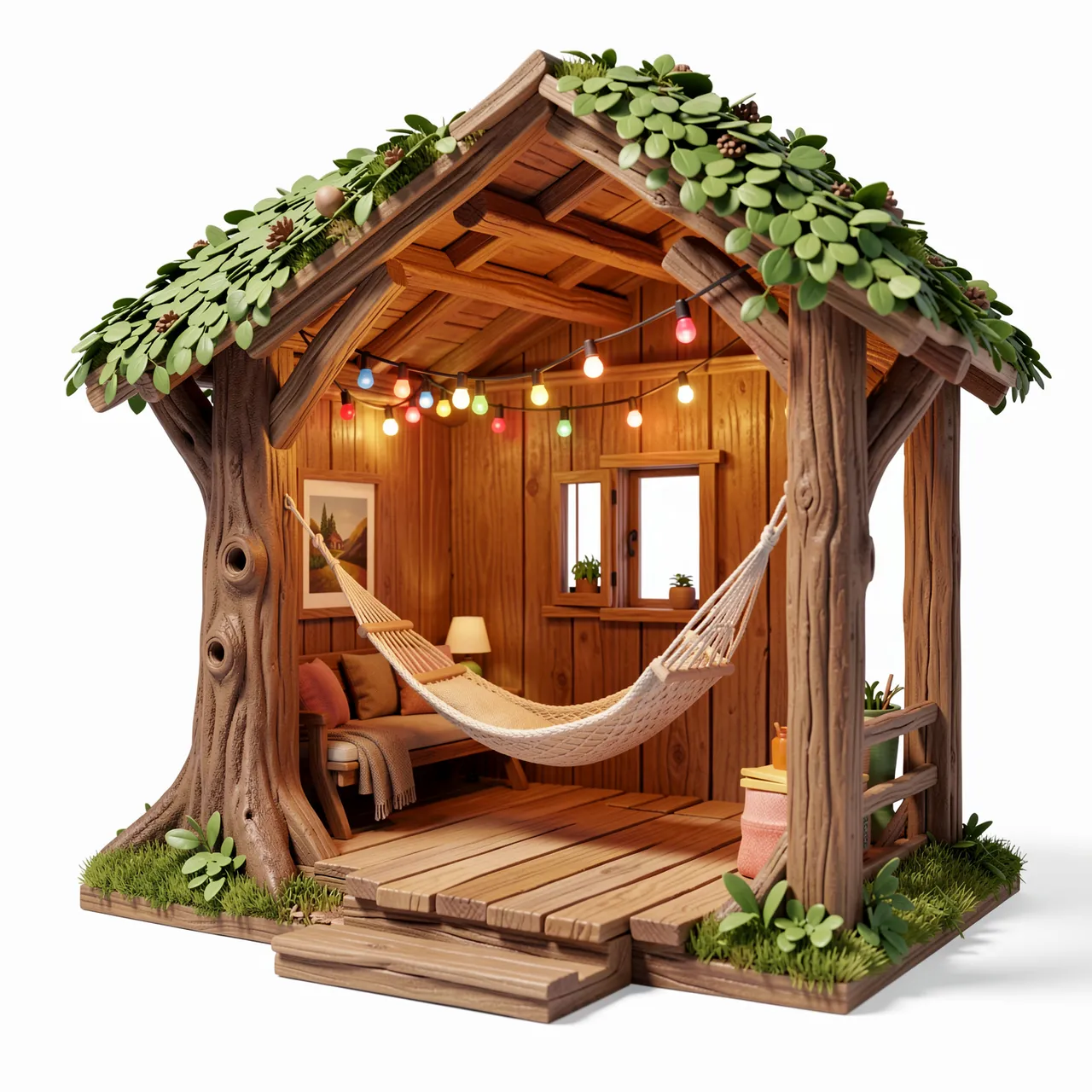 Stylized 3D render of a miniature cutaway treehouse interior with a hammock and colorful string lights