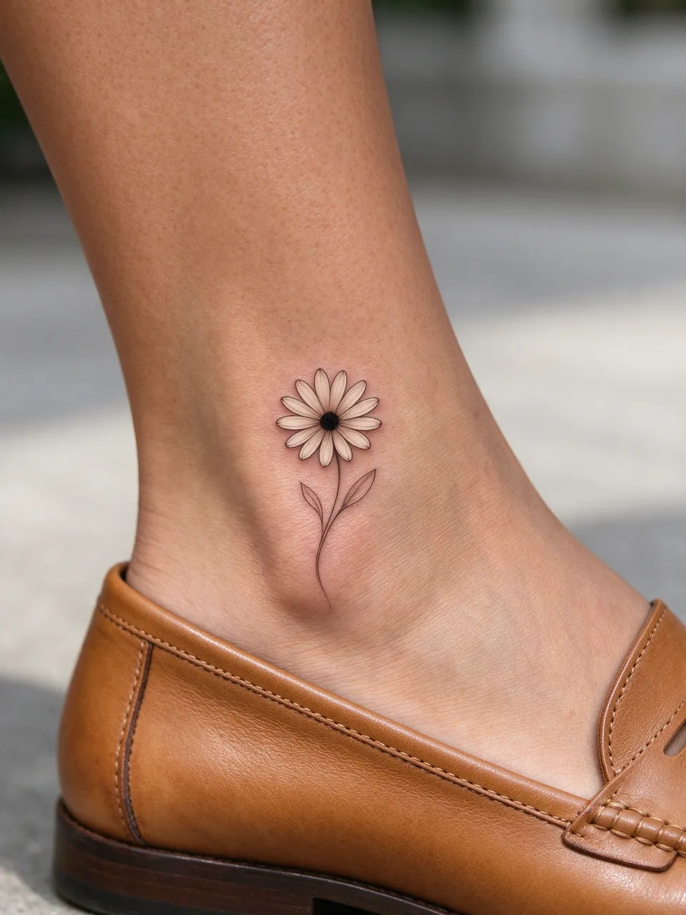 Close-up of a fine-line daisy tattoo on a person's ankle above a tan leather loafer