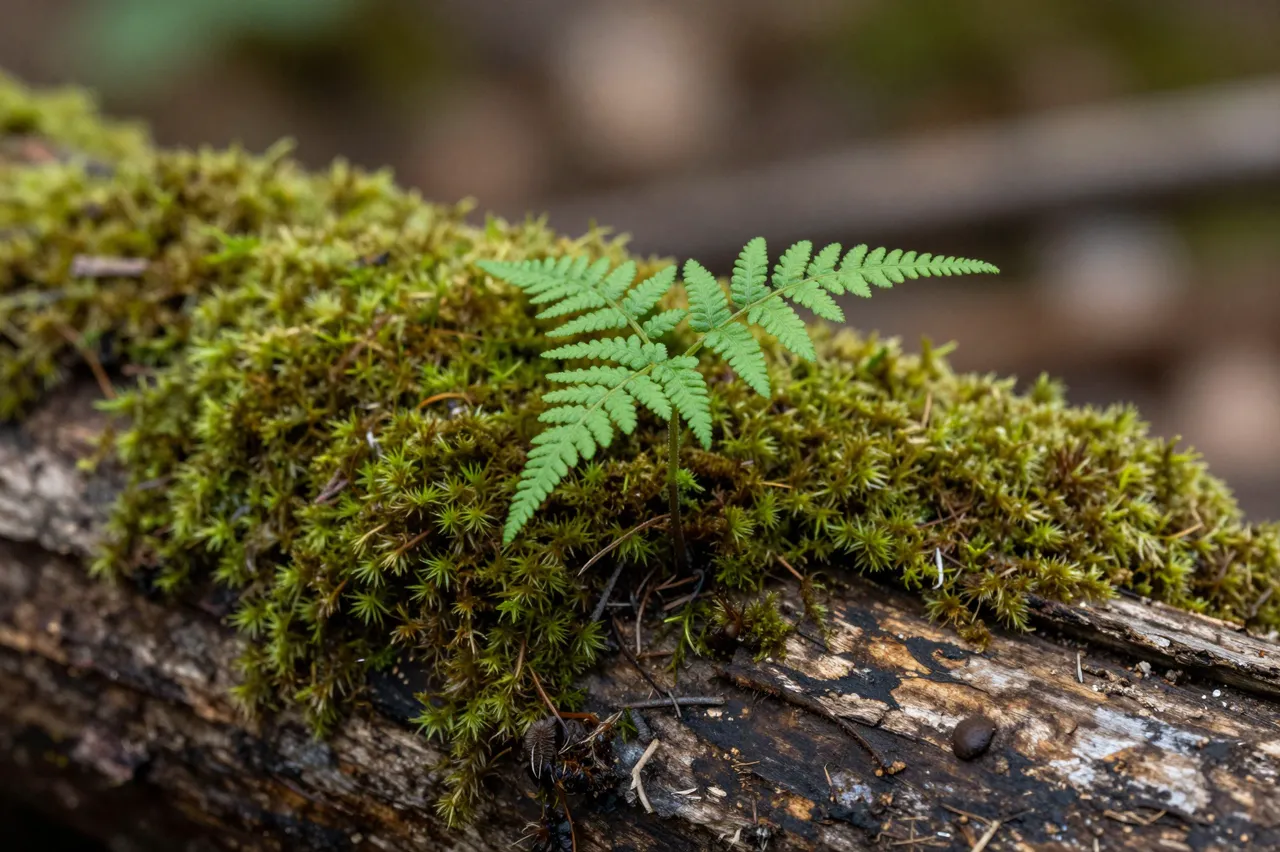 A small green fern sprout grows from dense moss covering a weathered fallen forest log.