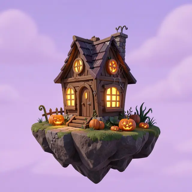 Charming 3D render of a small haunted house with glowing windows on a grassy floating island against a pastel purple sky.