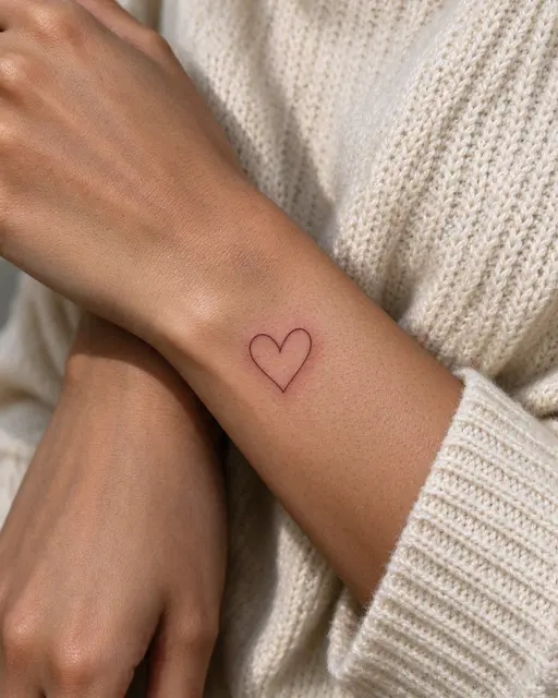 Close-up of a fine line heart outline tattoo on a wrist resting against cream knit fabric