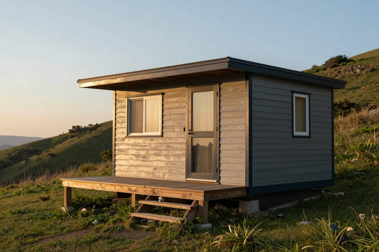 A wooden tiny house with a small porch sits on a grassy hillside under a soft sunset sky