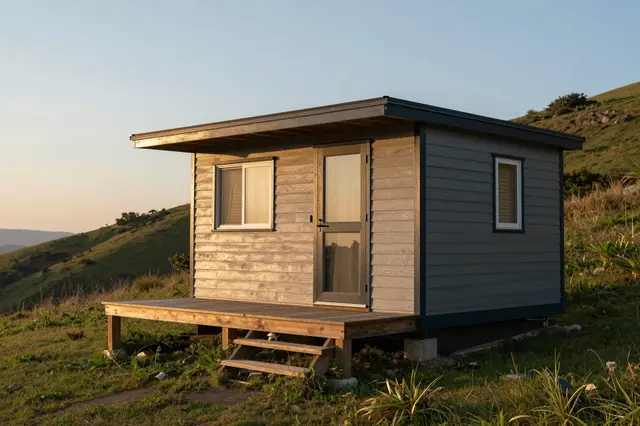 A wooden tiny house with a small porch sits on a grassy hillside under a soft sunset sky