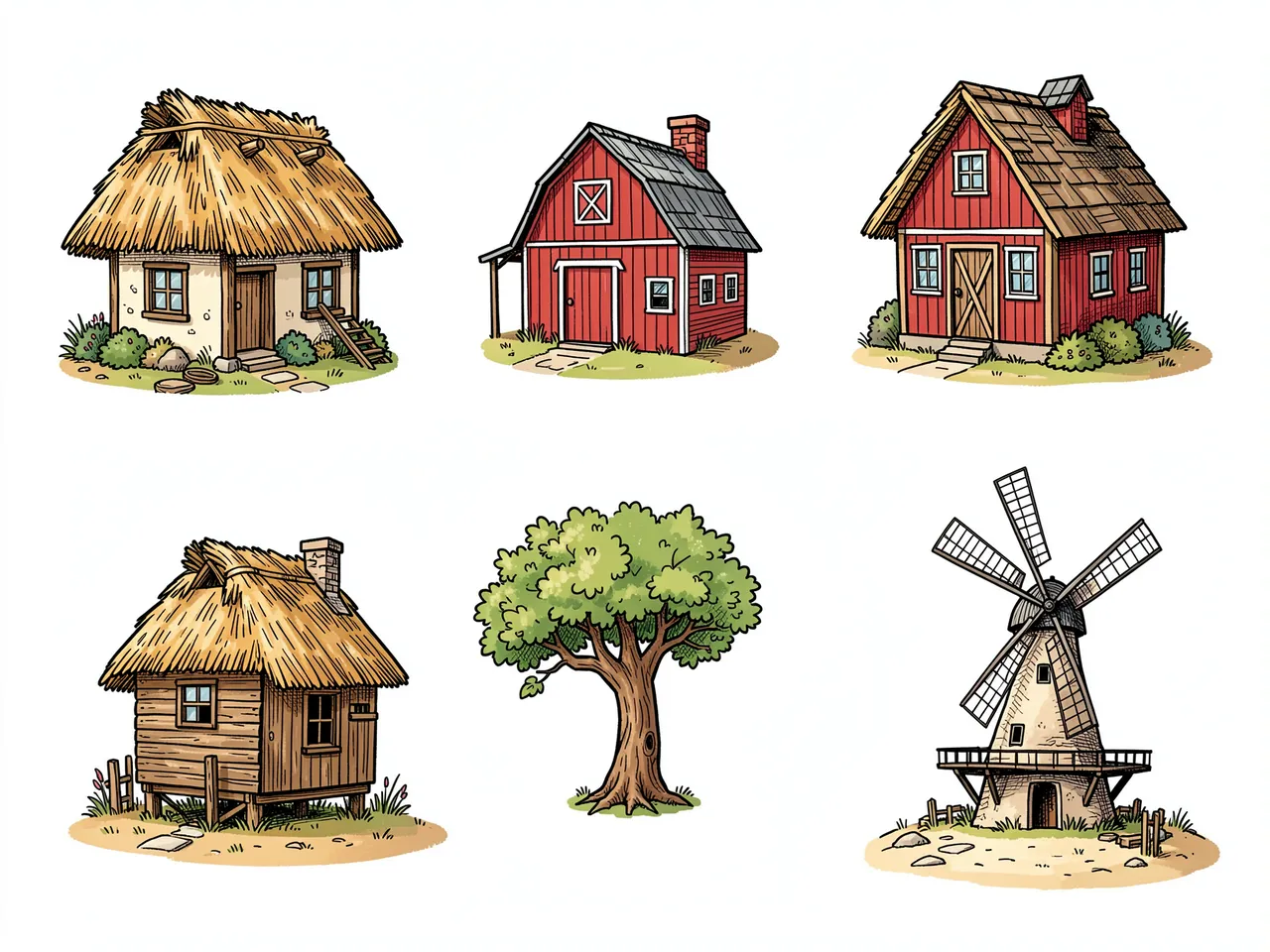 Set of hand-drawn doodle illustrations of assorted small buildings and a tree on a plain white background