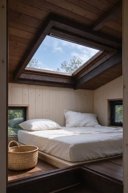 Cozy timber sleeping loft with linen bedding, a skylight, and a woven wicker basket beside the bed