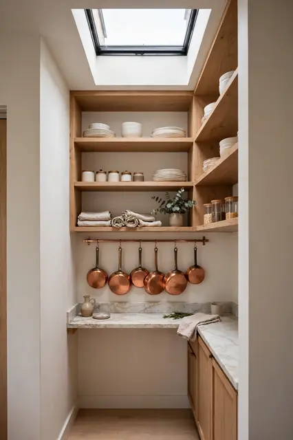 Cozy narrow kitchen nook with open wooden shelves, copper pans on a rail, marble counter and overhead skylight.