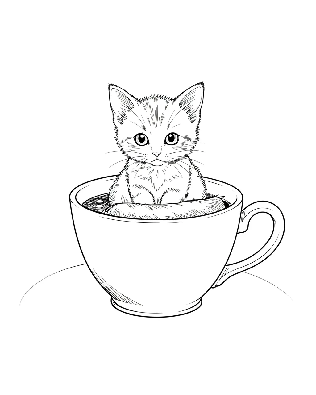 Delicate fine line drawing of a small kitten sitting inside a teacup on a plain white background