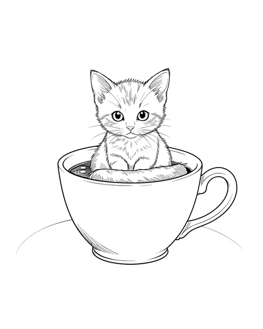 Delicate fine line drawing of a small kitten sitting inside a teacup on a plain white background