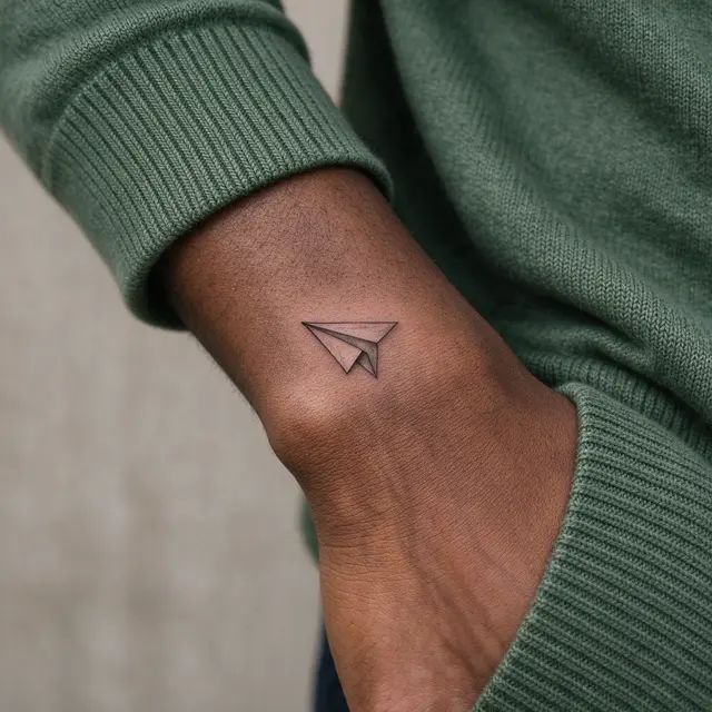 Close-up of a delicate paper plane tattoo on the inner wrist of a person wearing a green knit sweater