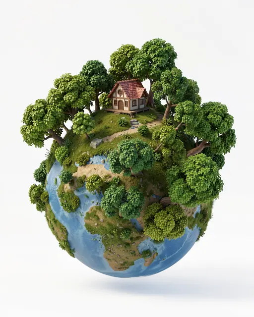 A stylized 3D tiny spherical planet topped with dense green trees and a small half-timbered cottage against a plain white