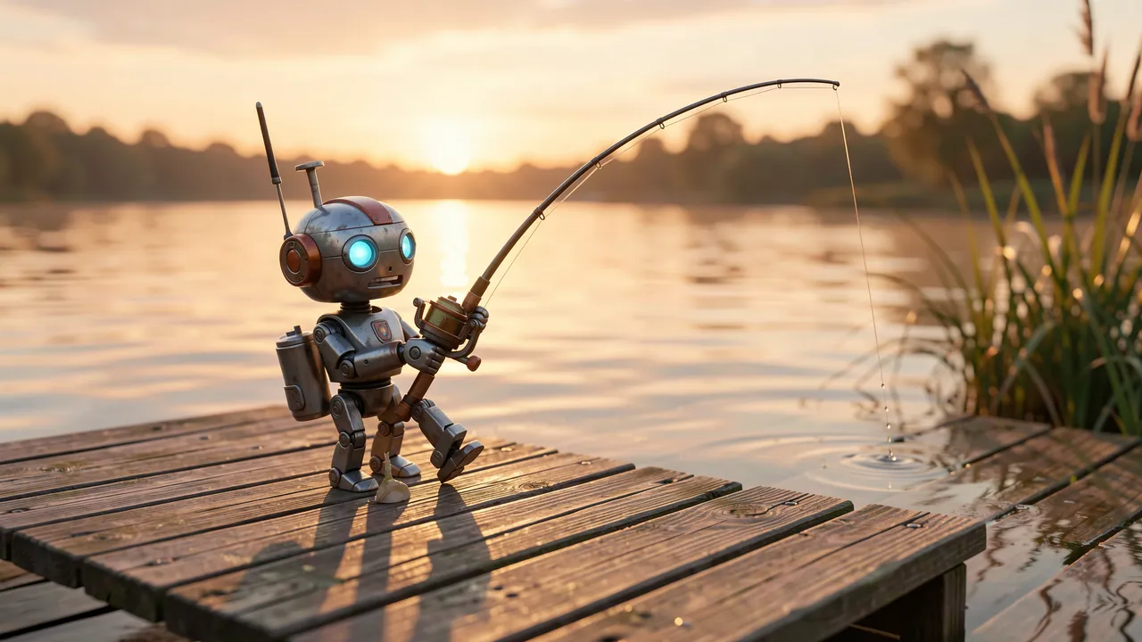 A small vintage-style robot holds a fishing rod while standing on a wooden lake dock at sunrise