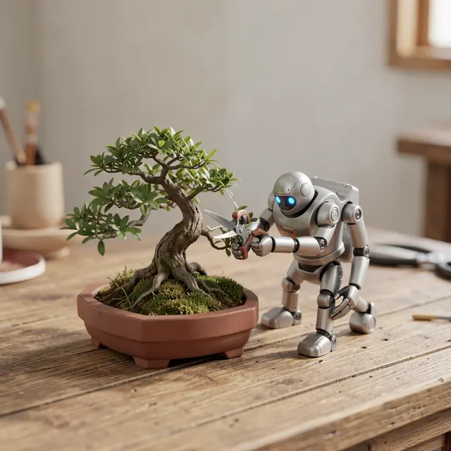 A small silver 3D rendered robot trims a bonsai tree with small scissors on a wooden table.