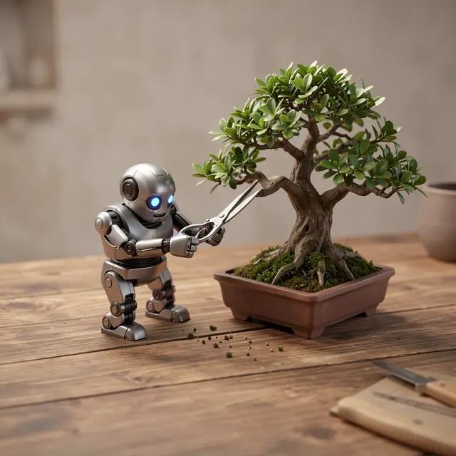 A small silver robot uses small scissors to trim a potted bonsai tree on a wooden table.