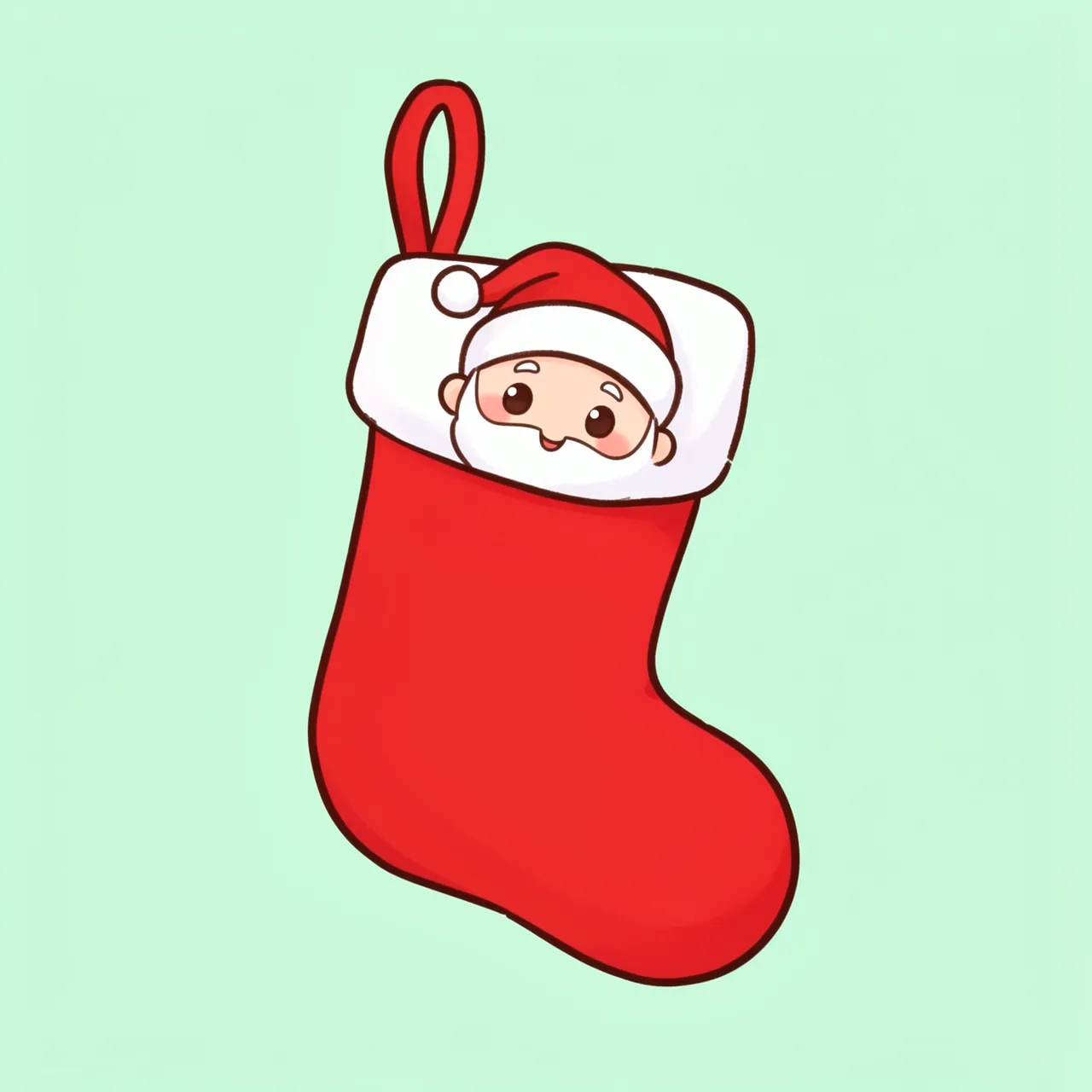 Kawaii illustration of a tiny Santa Claus peeking out of a red stocking on a pastel mint background