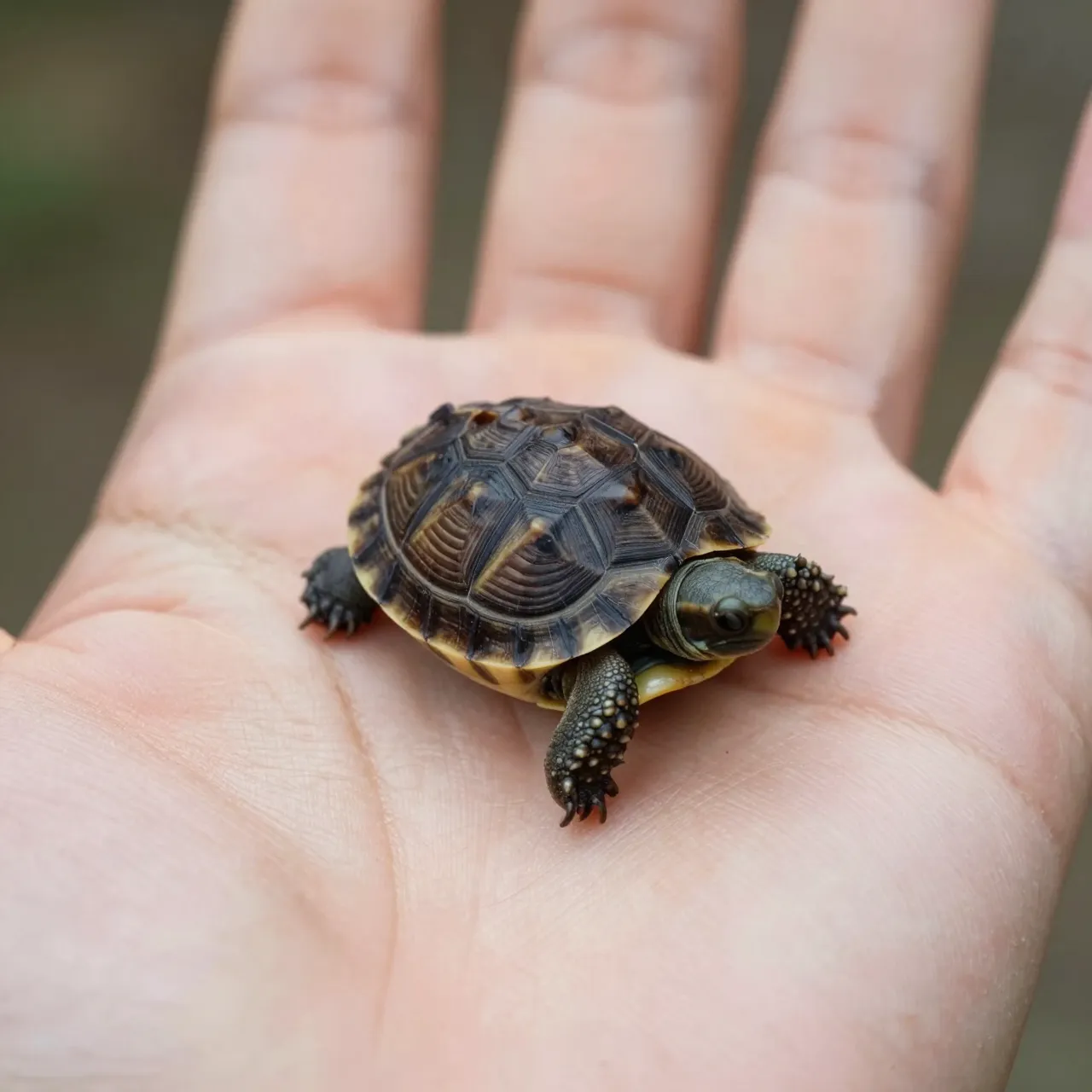 A tiny tortoise hatchling rests gently on the open palm of a person's hand.