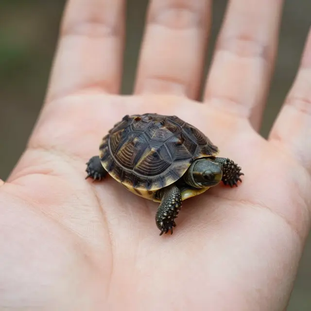 A tiny tortoise hatchling rests gently on the open palm of a person's hand.