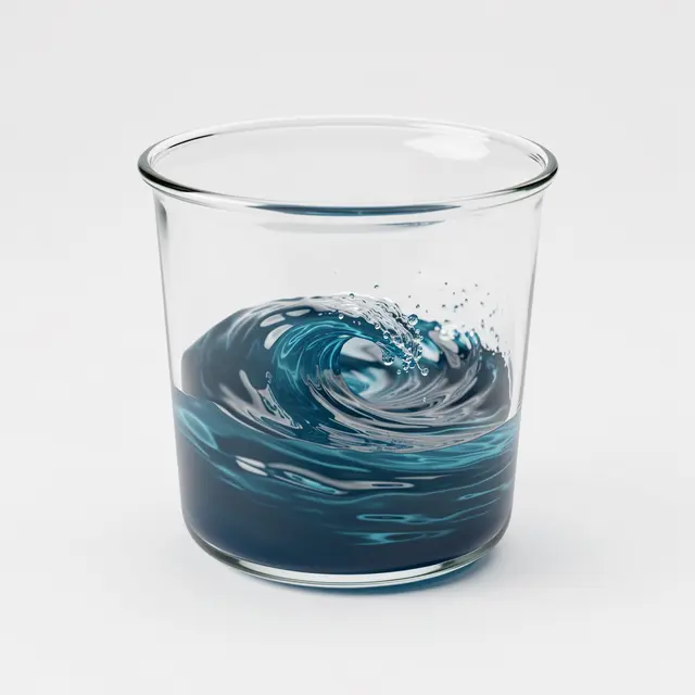 A curling miniature blue ocean wave sits inside a clear glass beaker against a plain light gray background