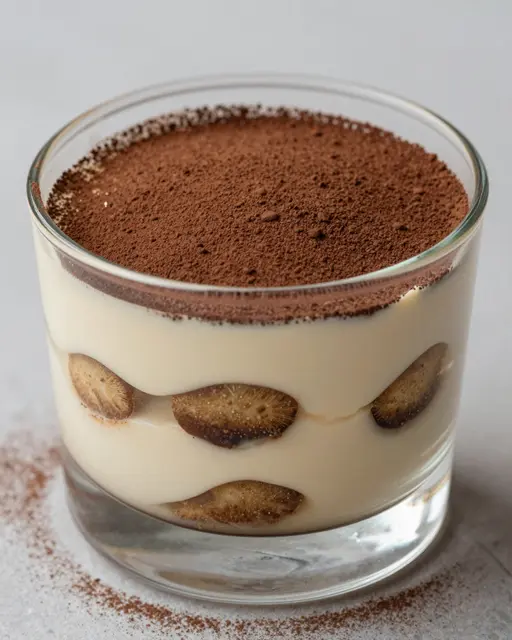 Layered tiramisu dessert served in a clear glass, topped with fine cocoa powder, resting on a light countertop.