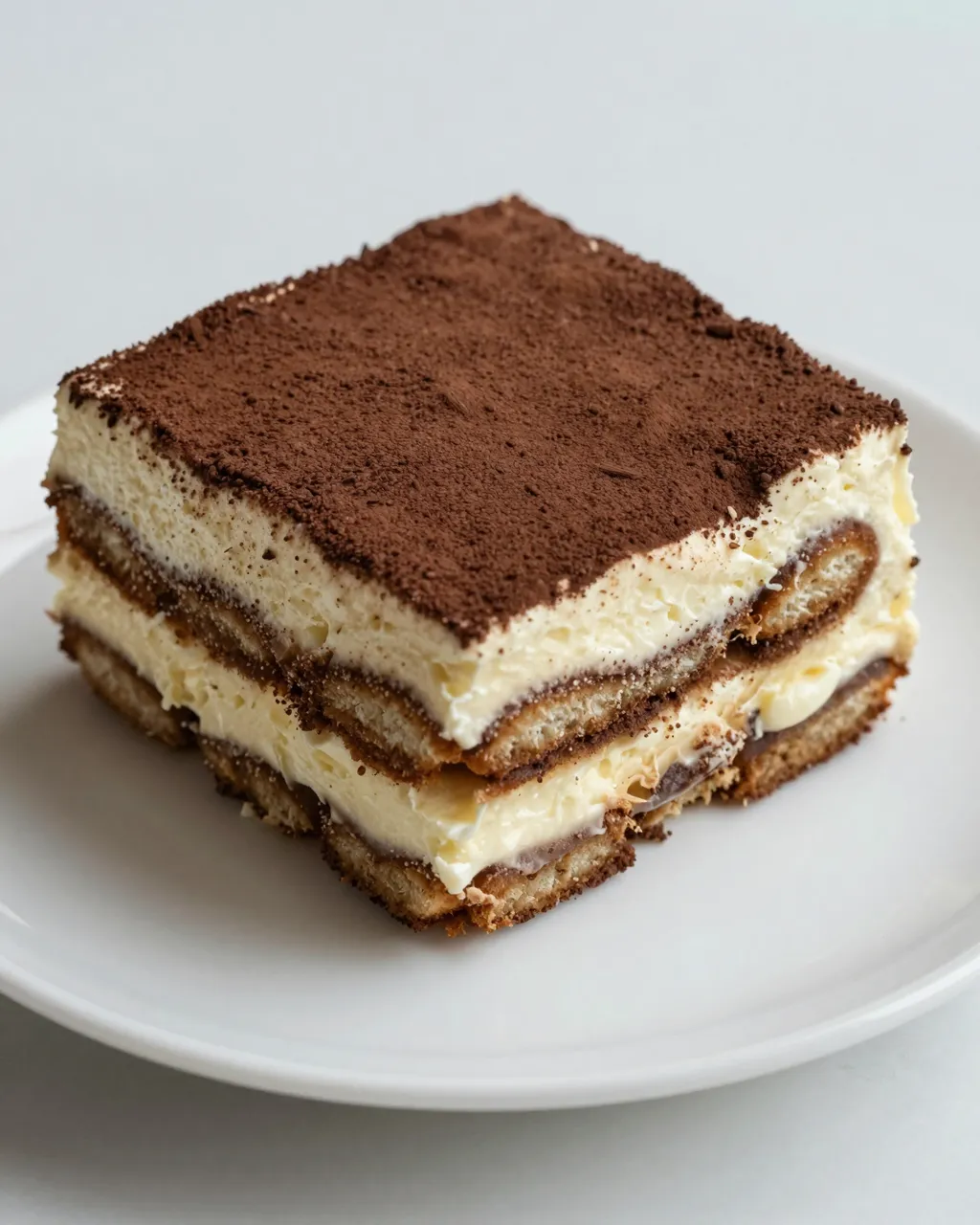A square slice of tiramisu with layered mascarpone, ladyfingers, and cocoa topping rests on a small white plate.