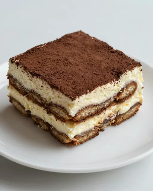 A square slice of tiramisu with layered mascarpone, ladyfingers, and cocoa topping rests on a small white plate.