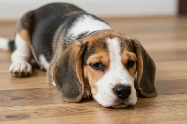 A sleepy tricolor beagle puppy lies resting on a warm light wooden indoor floor.