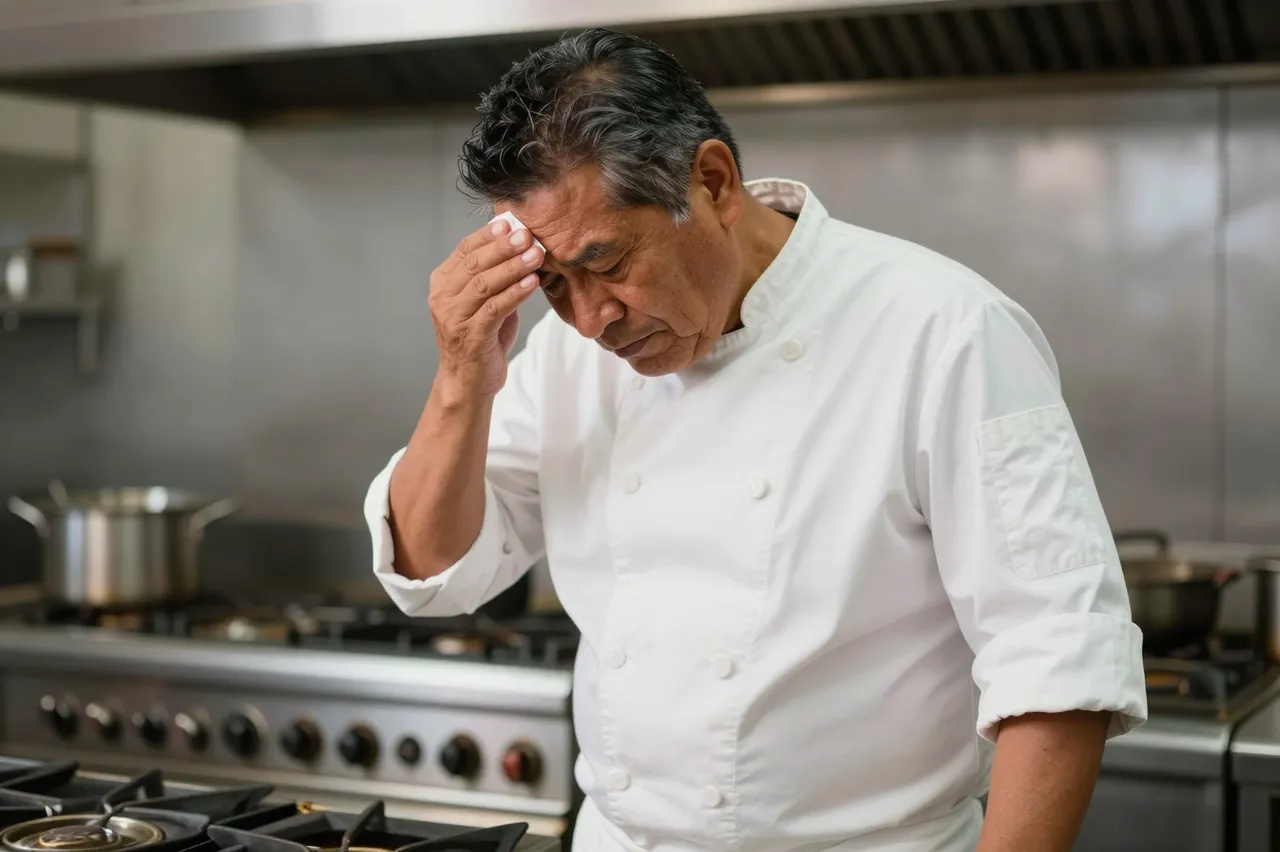 A middle aged Indigenous chef in a white jacket wipes his brow while standing in a commercial restaurant kitchen.