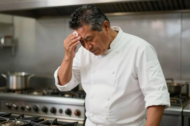 A middle aged Indigenous chef in a white jacket wipes his brow while standing in a commercial restaurant kitchen.