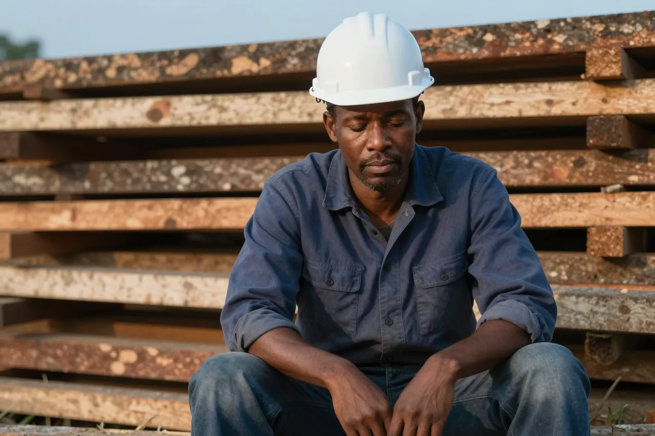 Tired Black construction worker in a white hard hat sits on stacked timber with eyes closed at dusk