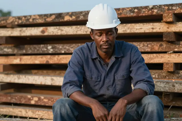 Tired Black construction worker in a white hard hat sits on stacked timber with eyes closed at dusk
