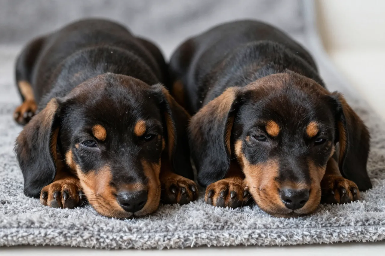 Two black and tan dachshund puppies lie side by side on a soft gray blanket resting