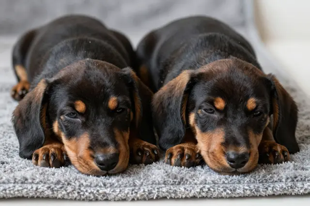 Two black and tan dachshund puppies lie side by side on a soft gray blanket resting