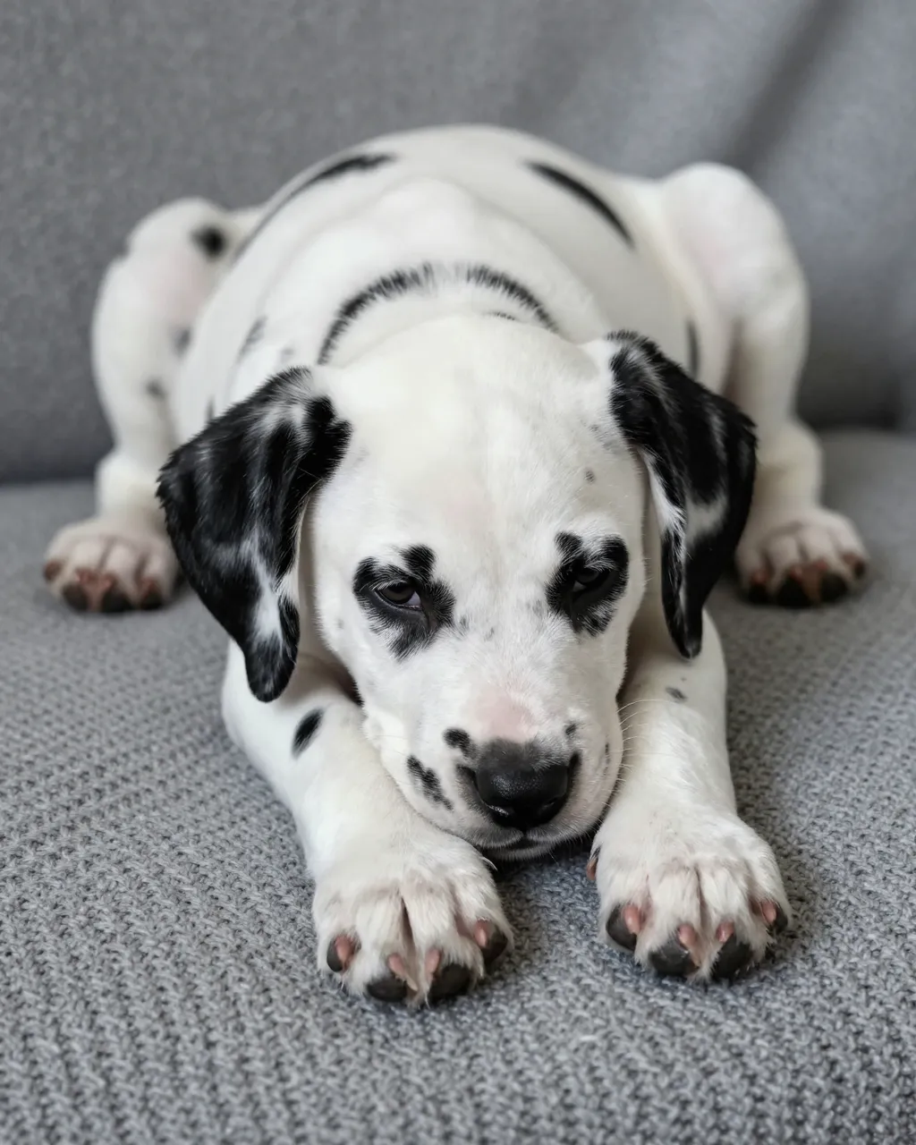 A young Dalmatian puppy with black floppy ears rests on a textured gray knit fabric surface.