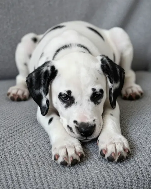 A young Dalmatian puppy with black floppy ears rests on a textured gray knit fabric surface.