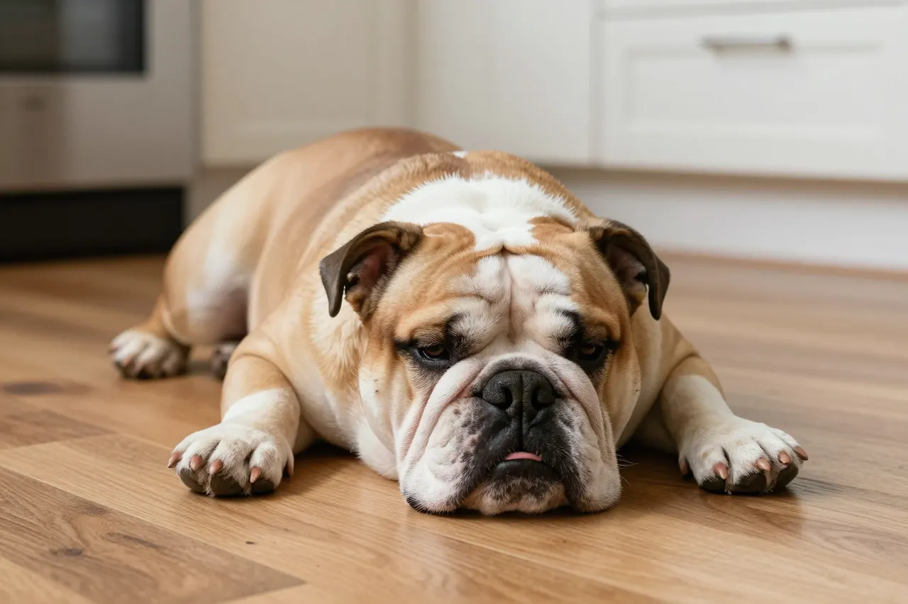 An english bulldog rests sprawled on a light wood kitchen floor with blurred cabinetry in the background