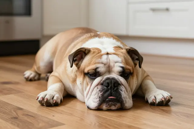 An english bulldog rests sprawled on a light wood kitchen floor with blurred cabinetry in the background