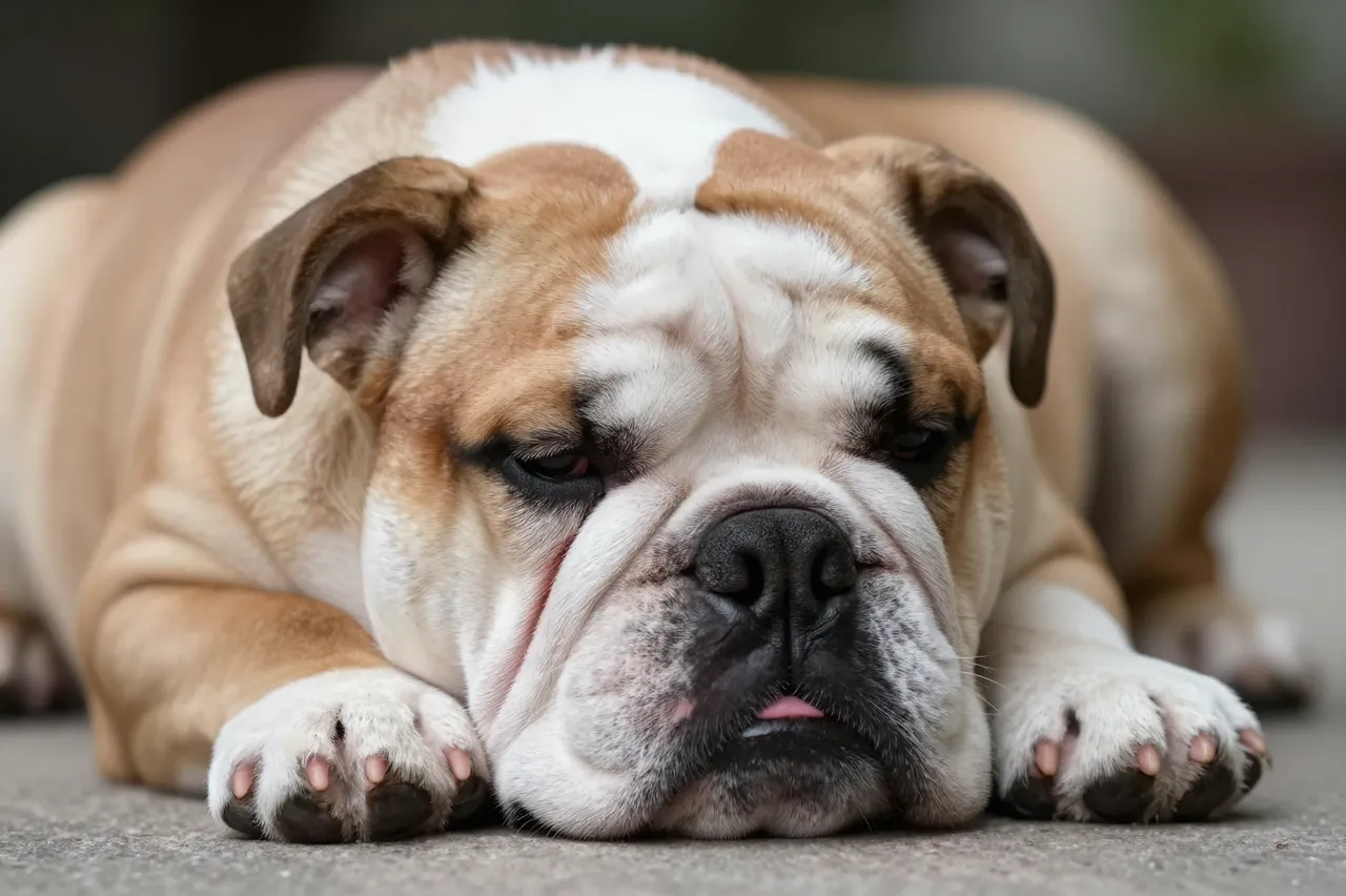 A sleepy english bulldog puppy rests with its head low between its front paws on a flat surface