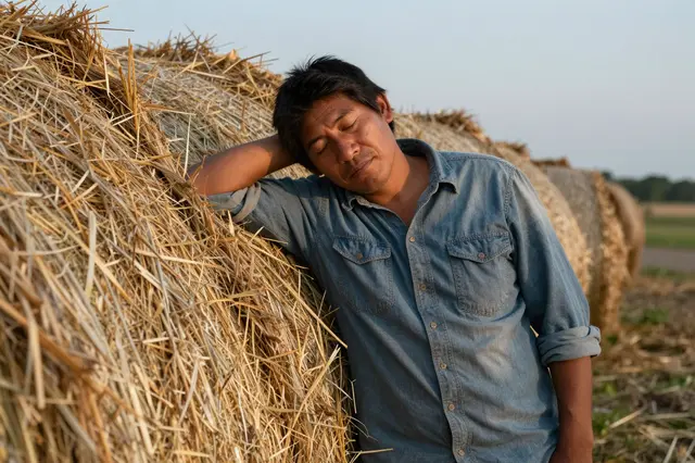 An Indigenous man dozes resting his head on his arm against a row of hay bales at dusk on a farm