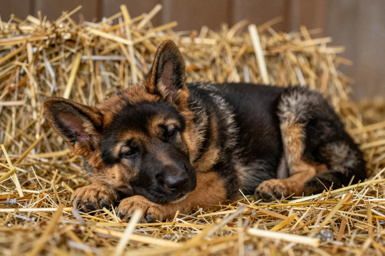 A sleepy young German Shepherd puppy rests curled in golden hay inside a barn.