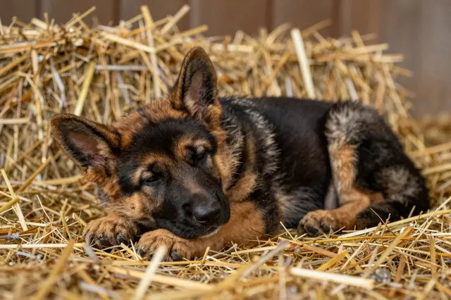 A sleepy young German Shepherd puppy rests curled in golden hay inside a barn.
