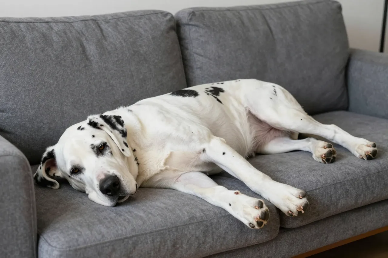 A white Great Dane with black patches lies sprawled resting on a plush gray fabric sofa.