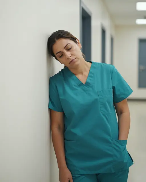 Weary nurse in teal scrubs leans her head against a hospital hallway wall after a shift