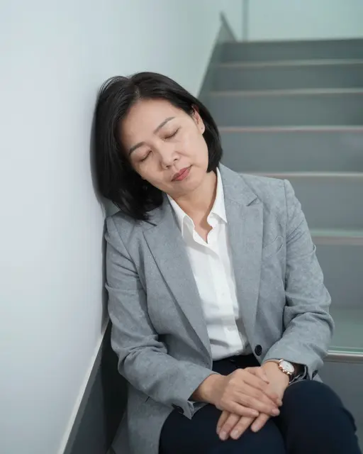 A middle aged East Asian woman sits resting against a stairwell wall with her eyes closed looking fatigued