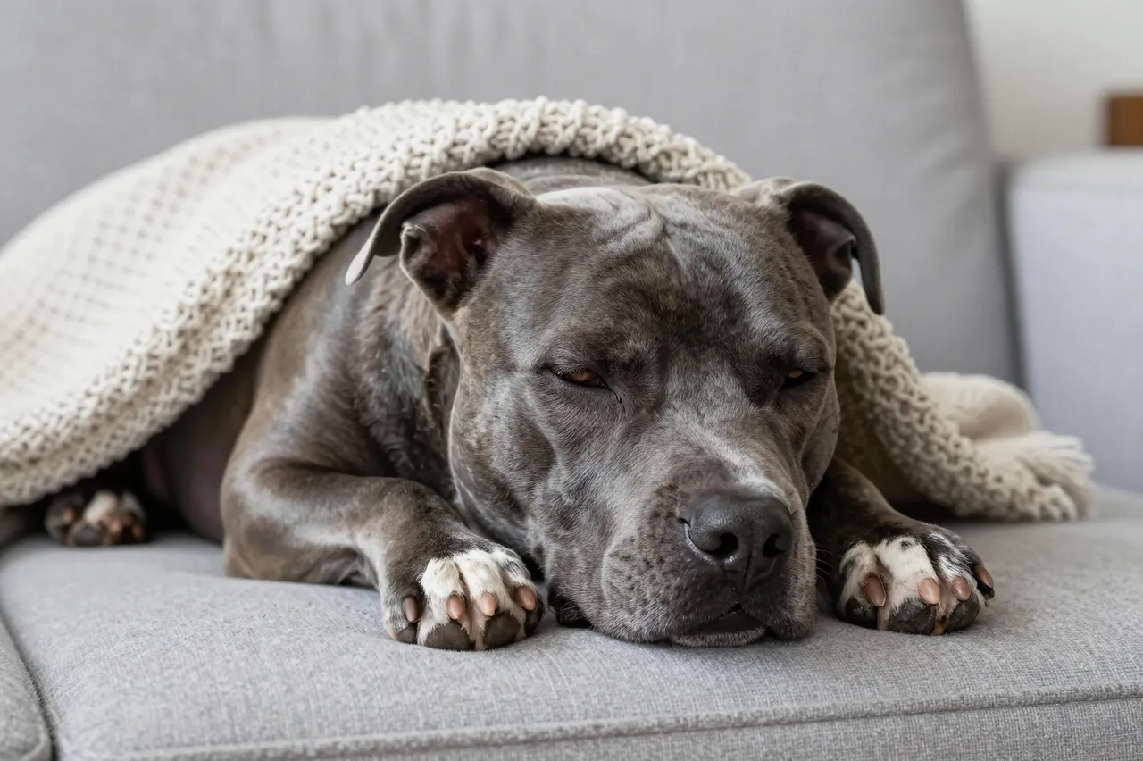 Gray pit bull terrier rests with head on front paws under a knitted throw on a light gray sofa.