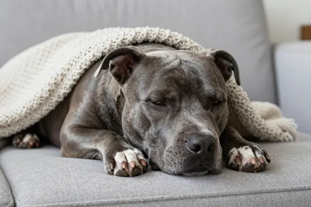 Gray pit bull terrier rests with head on front paws under a knitted throw on a light gray sofa.