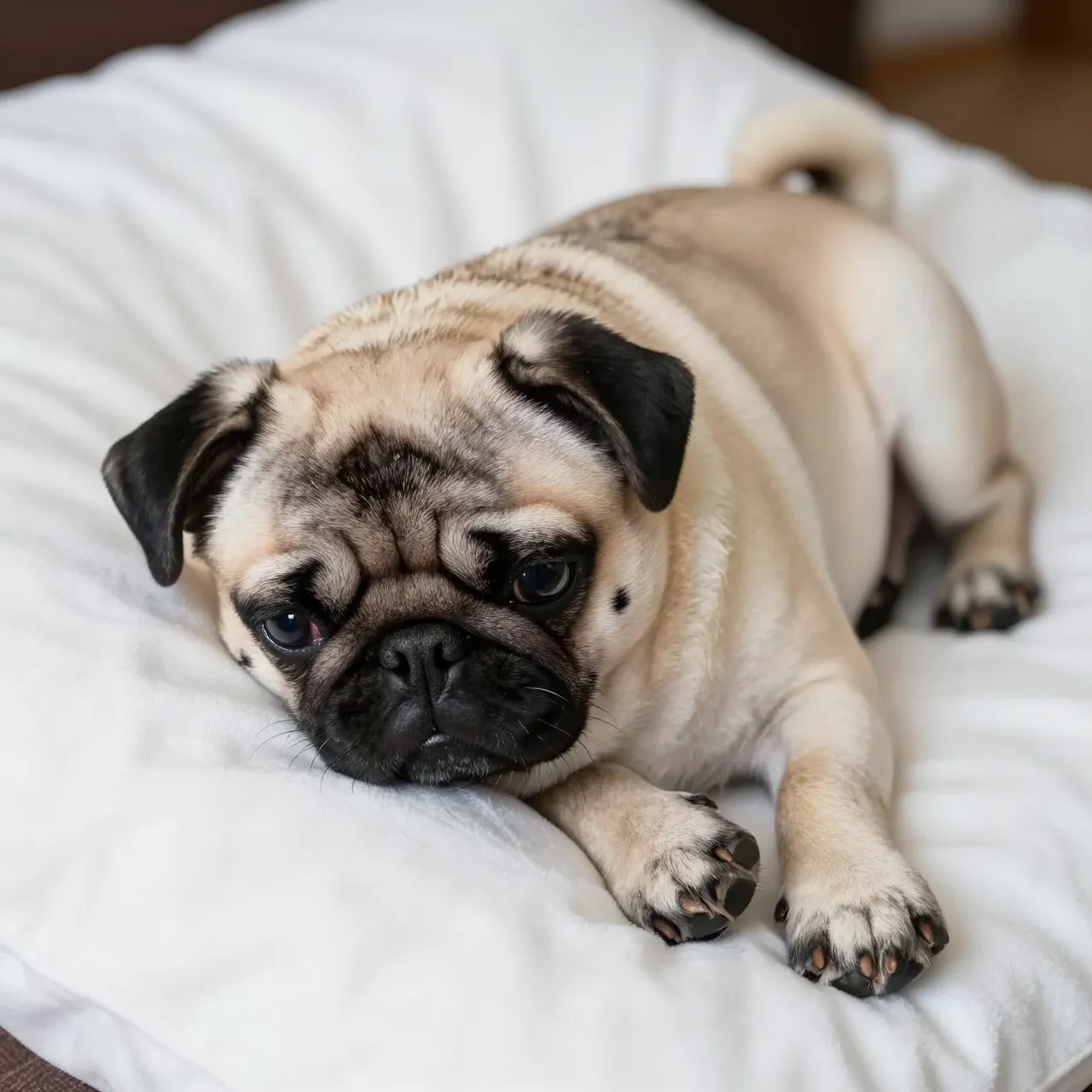 A fawn pug rests with its eyes open on a soft fluffy white pillow.